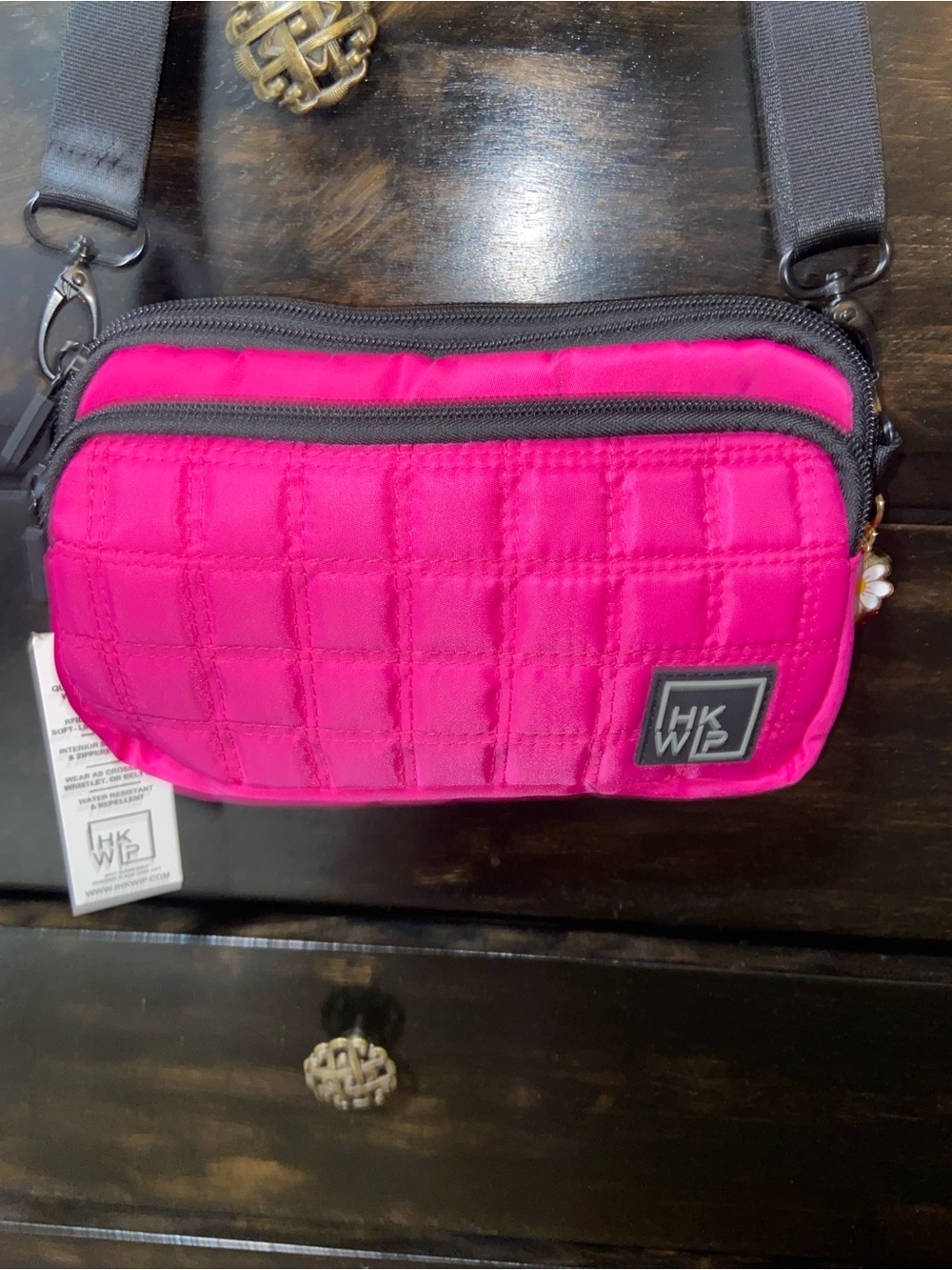 Bright Pink Quilted Crossbody Bag with Adjustable Black Strap
